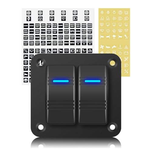 KEING 2 Gang Rocker Switch Panel 12V Marine Boat Switch Panel Waterproof 12 Volt Blue LED Light Toggle Switch Panel ON Off with Pre-Wired for Boat Automotive Car Truck RV UTV (2 Gang)