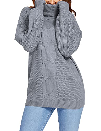 Damen Pullover Rollkragen Pulli Oversized Strickpullover Casual Sweatshirt Loose Rollkragenpullover Sweater Rolli Winter, Grau, M Cover
