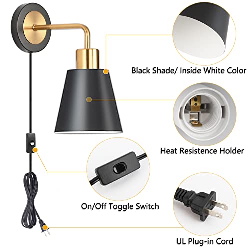 Koonting Plug In Wall Sconces Set Of Two, Metal Black And Brushed Brass Industrial Wall Light With Plug In Cord And On/Off Switch, Wall Mounted Lamp For Bedroom Headboard Workspace Living Room #TOP3
