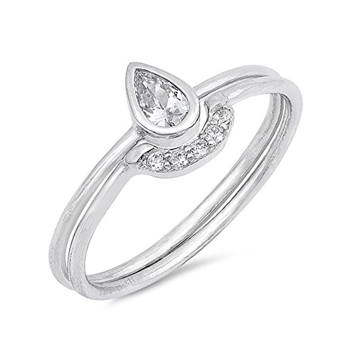 Glitzs Jewels Sterling Silver Cubic Zirconia Teardrop Set Ring, 8mm Choose Your Color