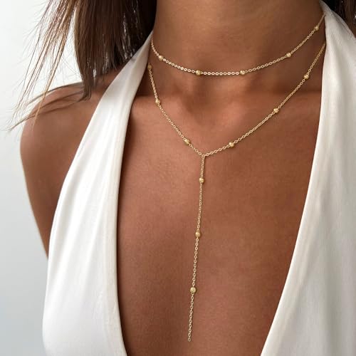 Turandoss Gold Necklace for Women - Dainty Long Y Necklace 14K Gold Plated Y-Shaped Lariat Necklaces Layered Beaded Chain Lip Chain CZ Pearl Cross Drop Necklaces for Women Trendy Jewelry4