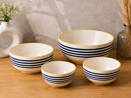 Image of Niyara Stoneware Handmade Ceramic Stylish Premium Serving Bowls /Salad Tray Microwave Dishwasher Safe Set of 4 (Yellow & Blue Striped)