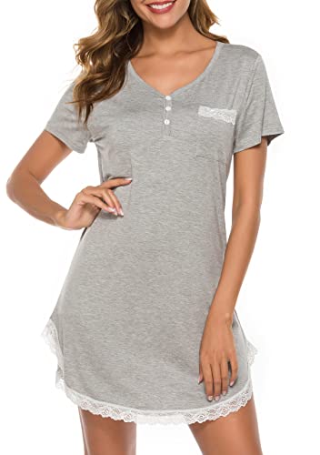 Vlazom Camisones Mujer Verano,Camisones para Mujer de Manga Corta, Camison Mujer Algodon Sexy con Encaje,XXL,B-Gris