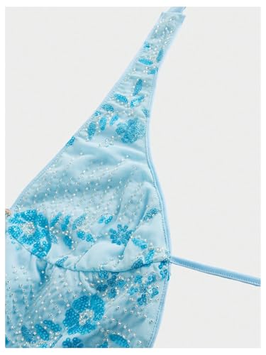 MakeMeChic Women's Y2K Summer Party Glitter Sequin Floral Halter Top Draped Tie Back Crop Tops4