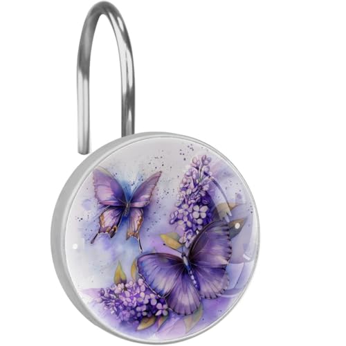 Watercolor Purple Lilac Butterflies Shower Curtain Hooks for Bathroom, Crystal