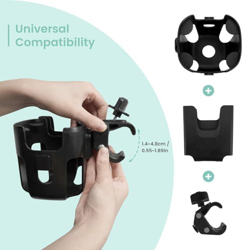 Large Size 2-in-1 Stroller Cup and Phone Holder, Adjustable Clip-On, Black — view 4