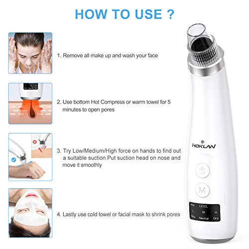 Blackhead Remover Vacuum Facial Pore Cleanser, Electric Acne Nose Comedone Suction Tool, HOKLAN USB Rechargeable Blackhead Exactor Removal Tool for Women Men with 45℃ Hot Compress & LED Display