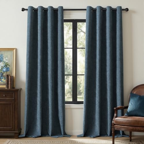 Image of 100% Blackout Curtains for Bedroom, Luxury Chenille Thermal Insulated Drapes for Living Room, Energy Saving Room Darkening 108 Inch Long Curtains, Grommet Top, 2 Panels, 52 inch W x 108 inch L, Blue