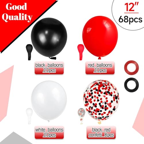 Image of 68Pcs Red Black White Latex Balloons 12 Inch with Black Red Confetti Balloons for Birthday, Wedding, Baby Shower, Graduation Poker Card Party.