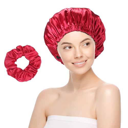 Double Layer Adjustable SatinBright Red Sleeping Bonnets For Women, Shower Hair Bonnet, Makeup Home Use Soft Elastic Hair Protector for Curly, Natural, Straight Hair.
