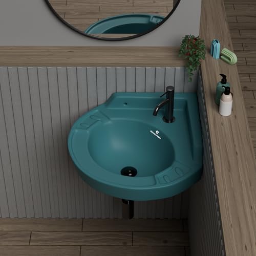 Image of REMOTION Ceramic Wall Hung Corner Wash Basin for Bathroom | Wall Mounted Corner Sink | Space-Saving, Durable & Stylish Design (17 x 15 x 7.5 Inch) (Green)