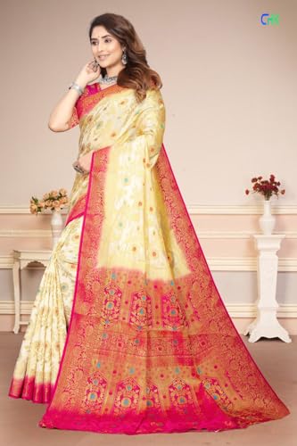 Image of Banarasi Art Silk Saree for Women with Floral Motifs & Dark Green Border for women