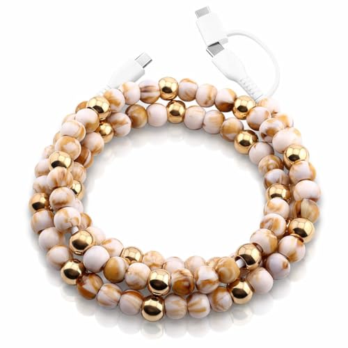 Image of Stylish Beaded Phone Charger Cable Colors USB Charging Cord for Smartphones (2-1 to USB C, Marble & Gold, 6.6ft)