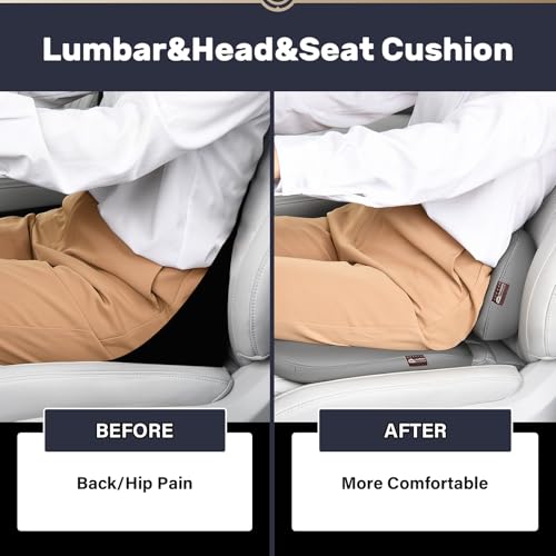Image of Coverado Seat Cushion and Lumbar Support Pillow for Driving Seat, Neck Headrest Pillow with Adjustable Strap, Soft and Breathable PU Leather, High Density Memory Foam for Neck & Lower Back Pain Relief