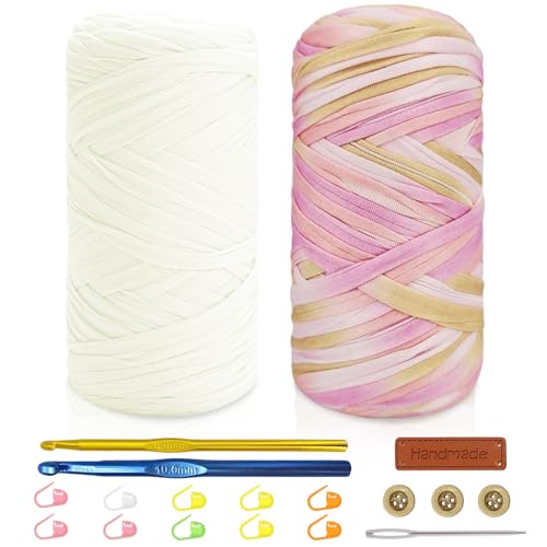 Tshirt Yarn Crochet Kit 2x200g Chunky Yarn for Crocheting with 6mm & 10mm Hooks + Accessories Rich Color Combinations - Suitable for Beginners Ideal for Making Bags Home DecorWhite-2