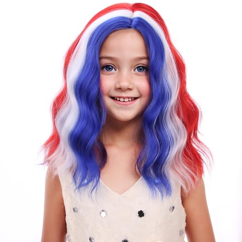 Image of PATTNIUM Blue Red White Wig 4th of July Wig for Kids Short Curly Wavy Fourth of July Party Wigs Girls Heat Resistant Synthetic Wigs