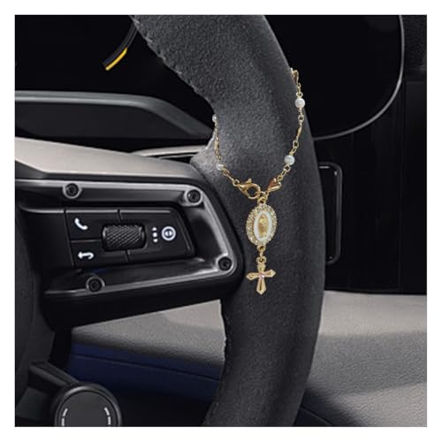 KPFILEH Car Steering Wheel Rosary Charm Accessory, Alloy Cross Car Rear View Mirror Charm, Religious Automotive Interior Hanging Decoration Pendant for Women, Men(Heart)