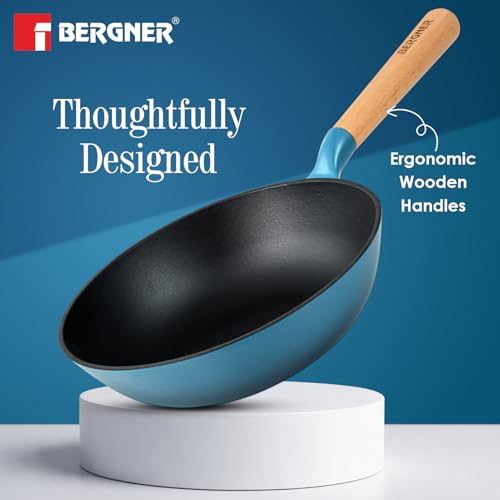 Image of BERGNER Excalibur Lightweight Cast Iron Wok 24cm (2L), Sturdy Wooden Handle, Non-Stick Coating, PFAS Free, Perfect Heat Distribution, Elegant Design - Induction and Gas Stove Ready (Blue)