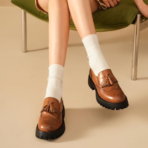 Image of BEAU TODAY Chunky Loafers for Women, Women's Leather Platform Loafers, Lug Sole Tassel Slip On Loafers Shoes Brogues Wingtip Casual Business Shoes Comfortable Dressy