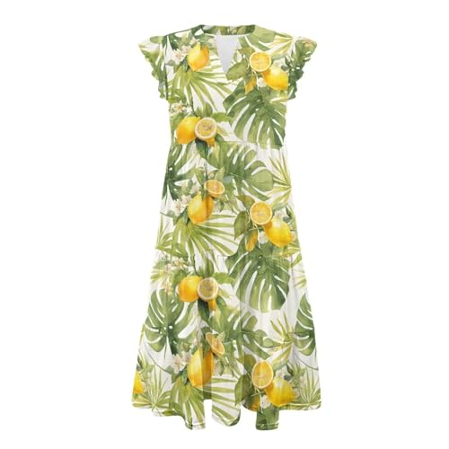 Image of Womens Summer Dress Ruffle Sleeve V Neck Dress Casual Fit Flowy Beach Vacation Sundress with Pocket S-2XL