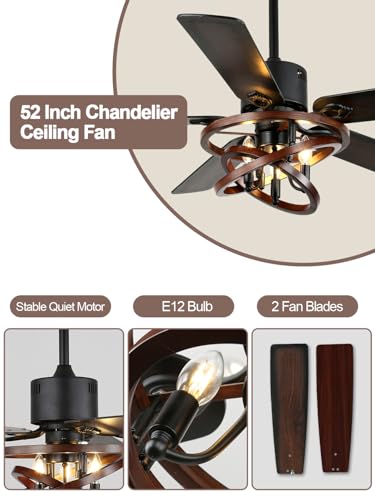 Image of 52 inch Farmhouse Rustic Chandelier Fan with Light