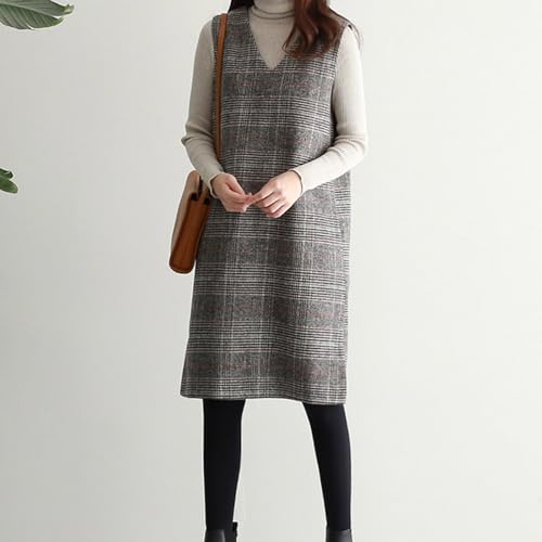 Women's Fall Winter Plaid Wool Overall Dress Casual Business Sleeveless Midi Tank Vest Dress Casual Fashion Dresses3