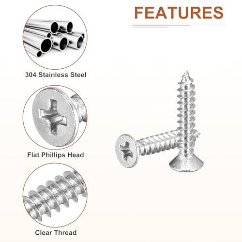 Image of DTGN 200Pcs #4x5 /8 Flat Head Wood Screws, 304 Stainless Steel Phillips Self Tapping Screws - Good for Woodworking, Furniture - Silver