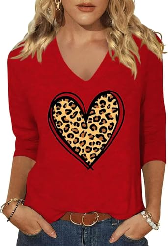 Image of Womens 3 /4 Sleeve V Neck Valentine T Shirts Love Heart Printed Graphic Tee Tops