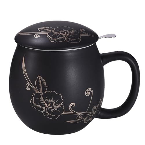 Image of Yundu 12 OZ Ceramic Mug with Lid & Tea Strainer - Matte Black Tea Cup with Golden Flower, Stainless Steel Infuser for Loose Leaf Tea