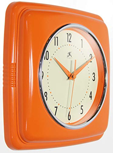 Infinity Instruments Retro Wall Clock - 9 Inch Square Clock - Silent Non-Ticking Mid Century Modern - Kitchen Clock Office Clock Diner Wall Clock - Vintage Wall Clock Decorative - Orange