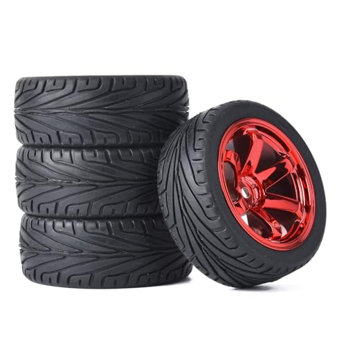 KINGCOO - Set di 4 pneumatici e ruote in gomma da 65 mm e ruote in plastica, 6 raggi, 12 mm, esagonali per 1/10 RC On-Road Touring Racing Auto per HSP HPI Kyosho Tamiya (rosso)