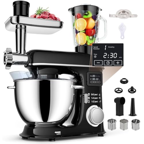 IUokLU Batidora de pie de 8 l batidora eléctrica de Cocina de fermentación 8 en 1 con Pantalla LED Cabezal inclinable de 6 velocidades Recipiente de Acero,