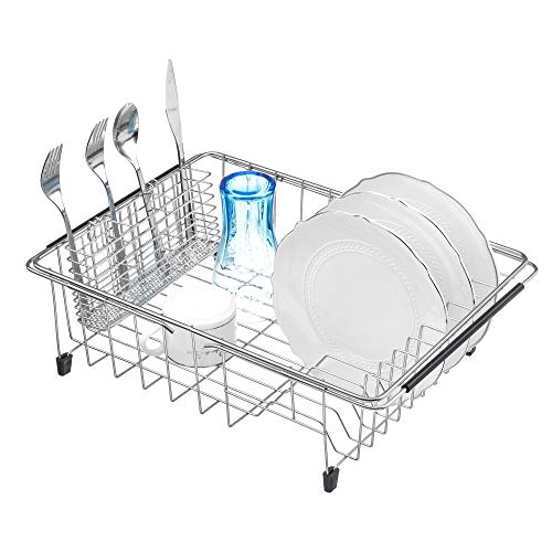 iPEGTOP Expandable Dish Drying Rack and Utensil Cutlery Holder, 304 Stainless Steel Over Sink Dish Rack, Dish Drainer in Sink or On Counter, Rustproof