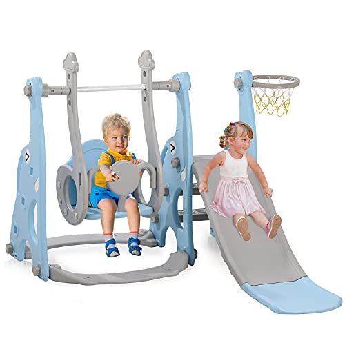 4-in-1 Kleinkinderrutsche und Schaukel, Spielset mit Basketballkorb, extra lange Rutsche, einfach aufzubauende Babyrutsche für drinnen und draußen, freistehende Rutschen (blau) Cover