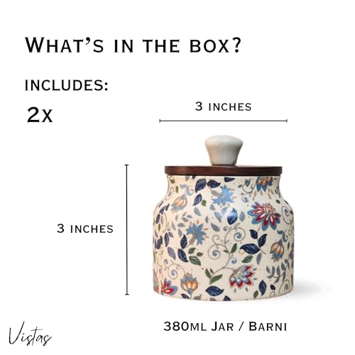 Image of Vistas 'Blue Bloom' Airtight 380ml Set of 2 Ceramic Jar for Kitchen Storage | Handcrafted Ceramic Barni with Wooden Lid | Multipurpose Pickle, Spice & Salt Container