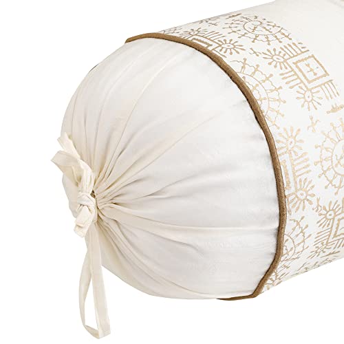 Image of Gifts Island Set of 2 Polyester Silk Traditional Hand-Block Printed & Striped Bolster Covers (Cream)