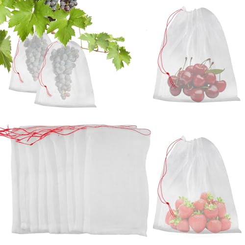 KINGLAKE 20Pcs Fruit Protection Bags, 15x25cm Garden Plant Protect Mesh Bags Fruit Netting Bags for Strawberry Grape Vegetables, Nylon Insects Mosquito Bug Barrier Net Bags with Drawstring