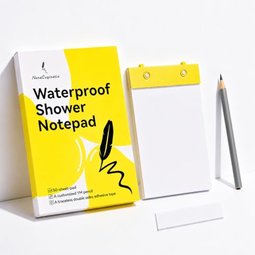 NotaCogitatio Waterproof Shower Notepad 100 Pages of Stone Paper with Pencil & Holder Sticks to Wall with No Residue 4 Colors Available Gift for Home or Office (Yellow)