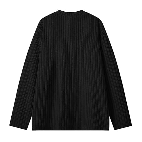 Camiseta de manga larga para hombre de estilo Henley con rayas – Parte superior informal con botones | Camiseta rústica para un look diario relajado, Style_i01 Negro, 4XL