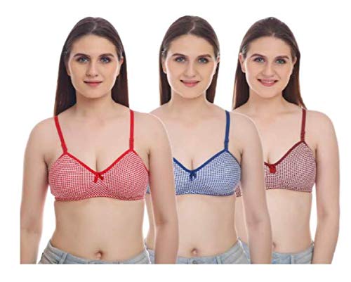 ELFLADY Non Padded Half Coverage Pure Cotton Bra for Women and Girls (Pack of 3) (Color-Red, Maroon and Royal Blue)