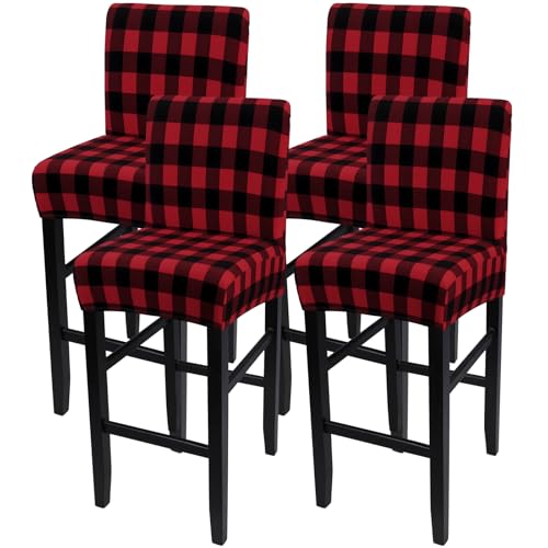 Image of SearchI Christmas Bar Stool Covers Set of 4, Stretch Washable Barstool Seat Covers, Counter Height Chair Covers for Kitchen Dining Room Cafe (Buffalo Plaid)