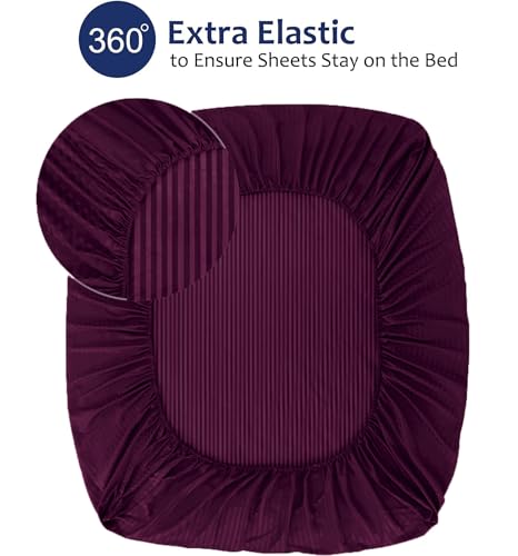 Image of Super Soft 100% Egyptian Cotton Satin Stripe Single Bedsheet with 1 Pillow Cover - Wine