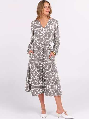 Image of ANRABESS Women's Long Lantern Sleeve Floral Midi Dresses 2026 Fall V Neck Casual Flowy A-line Tiered Boho Vacation Dress