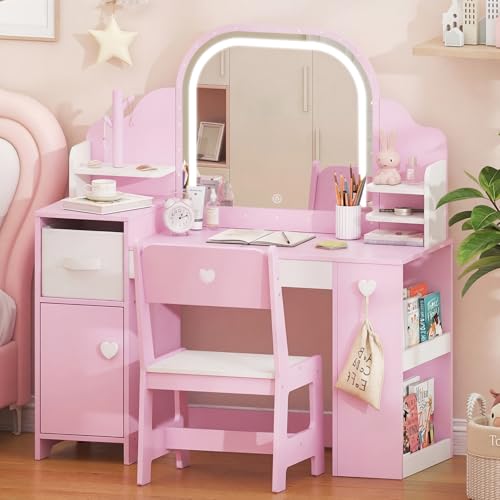 Frogprin Kids Vanity with Lights and Chair Princess Makeup Vanity Desk with Mirror Bookshelf Storage Cabinet 3 in 1 Toddler Vanity Table Makeup Dressing Table Pretend Play Vanity for Little Girl-Pink