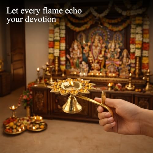 Image of Klassic 9 Inch Pure Brass Aarti Diya | 11 Small Batti & 1 Big Batti Pooja Lamp with Golden Finish | Ideal for Home Mandir, Temple Use, Daily Aarti, Festivals and Puja Rituals