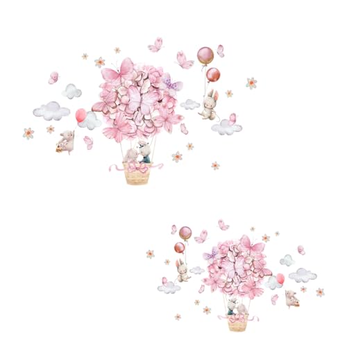 Stickers Muraux Fille Montgolfière Rose Animaux Autocollant Mural Enfant Décoration Chambre Bébé Fille Fleurs Lapin Ours Nuages Étoiles pour Pépinière...