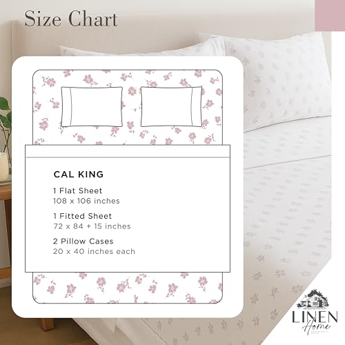 Image of Linen Home 100% Cotton Printed Percale Sheet Set California King, 4 Piece Deep Pocket Floral Bedding, Crisp Cool & Breathable, Fade-Resistant Design, Hotel Luxury, Long-Staple Cotton, Mauve Silhouette