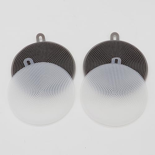 Image of Pokinge 4 Pcs Silicone Dish Scrubber Reusable Round Dishwashing Sponge Non-Scratch Fruit Vegetable Cleaning Brush Heat Insulation Pad for Kitchen(Grey and White)
