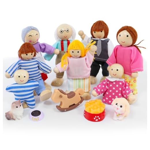 Casa de Muñecas con 13 Piezas de Madera, Familiar con Figuras Flexibles, Perro, Gato y Accesorios