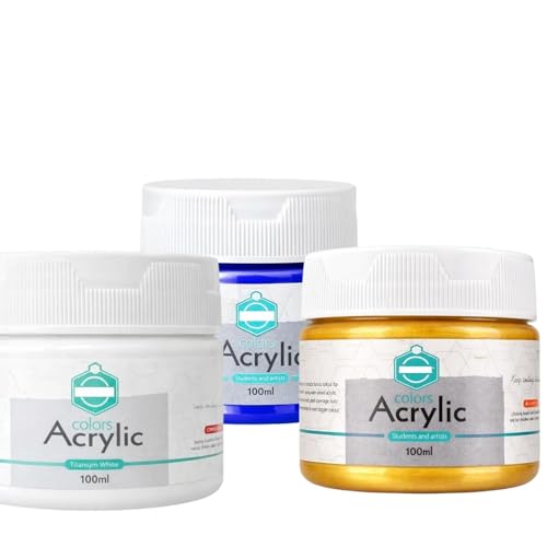 Image of Acrylic Paint 100ml for Artist & Craft Painting Colour Smooth Finish Art Paint Perfect for Canvas Wood - Blue & White & Golden - Pack of 3